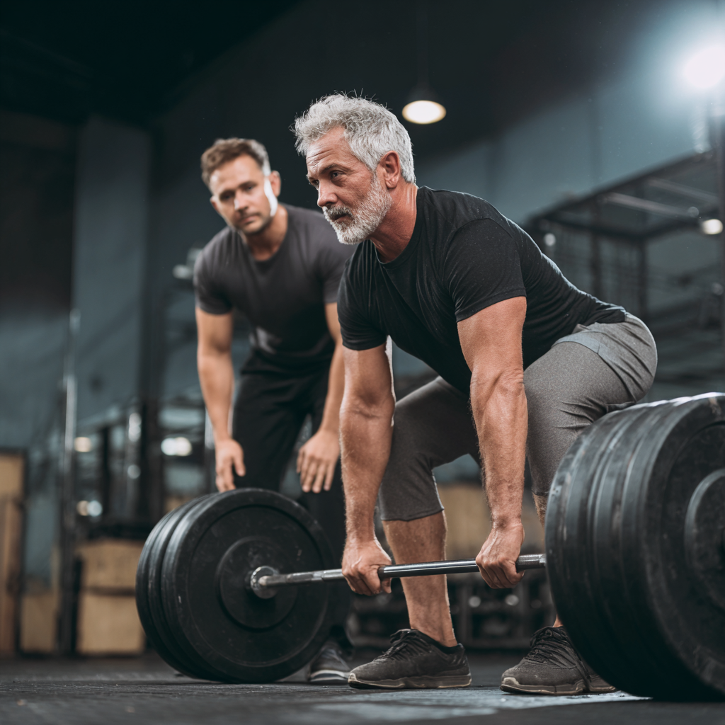 51 years old man performing deadlift exercise with proper form under trainer supervision