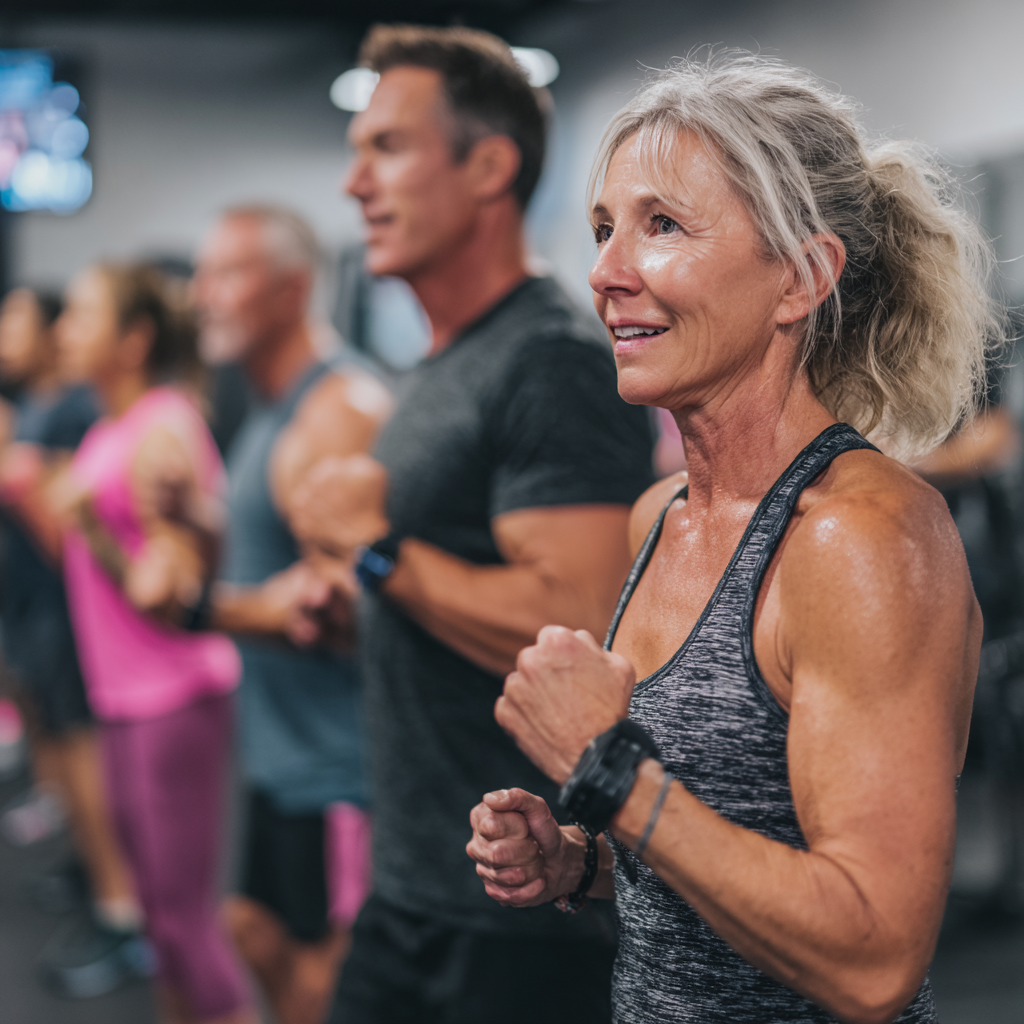 52 years old Team of certified fitness professionals working with 52 years old adults in modern training facility