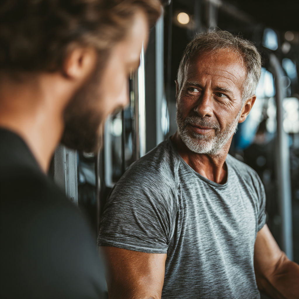 Professional 50 years old fitness trainer working with middle-aged client during strength training session